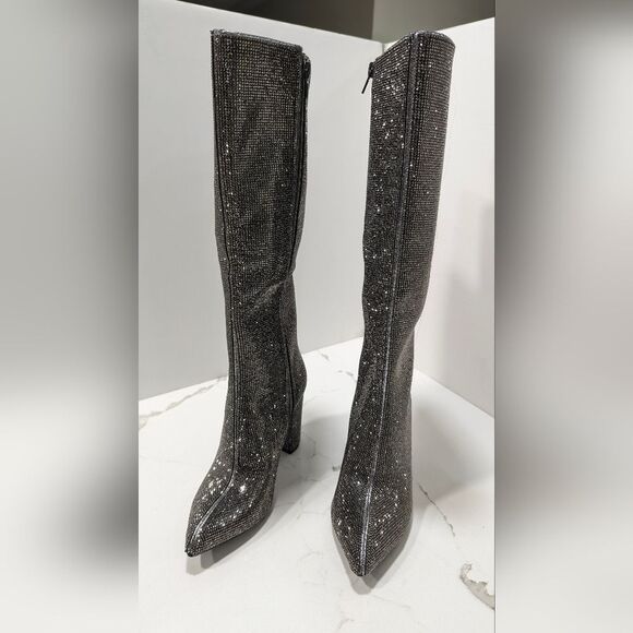 New INC Tall Sparke Knee High Boots Block Heel Pewter Crystal Sz 5 Taylor Swift - Picture 4 of 16
